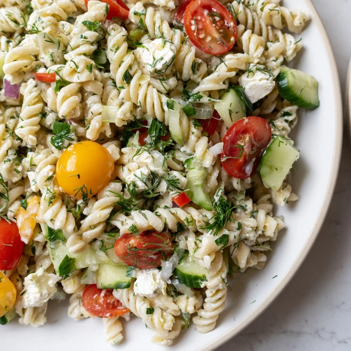 Colorful cottage cheese pasta salad bowl with cherry tomatoes, cucumber, and bell peppers tossed in herb dressing