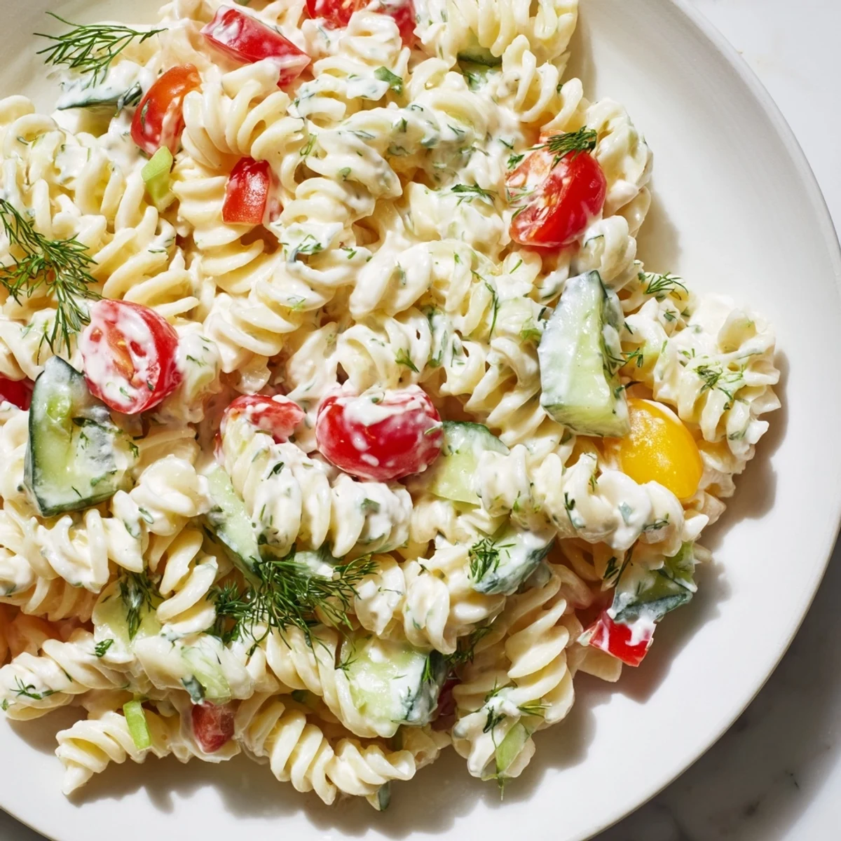 Creamy cottage cheese pasta salad served chilled with fresh vegetables and tangy lemon herb dressing for summer