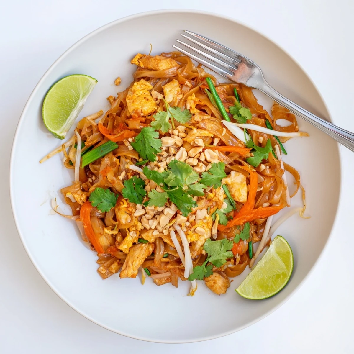 Golden chicken pad Thai stir-fried with rice noodles, crunchy peanuts, and fresh lime wedges
