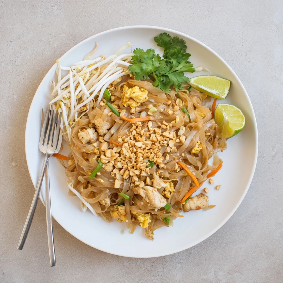 Authentic pad Thai with tender chicken, tangy tamarind sauce, bean sprouts, and cilantro garnish