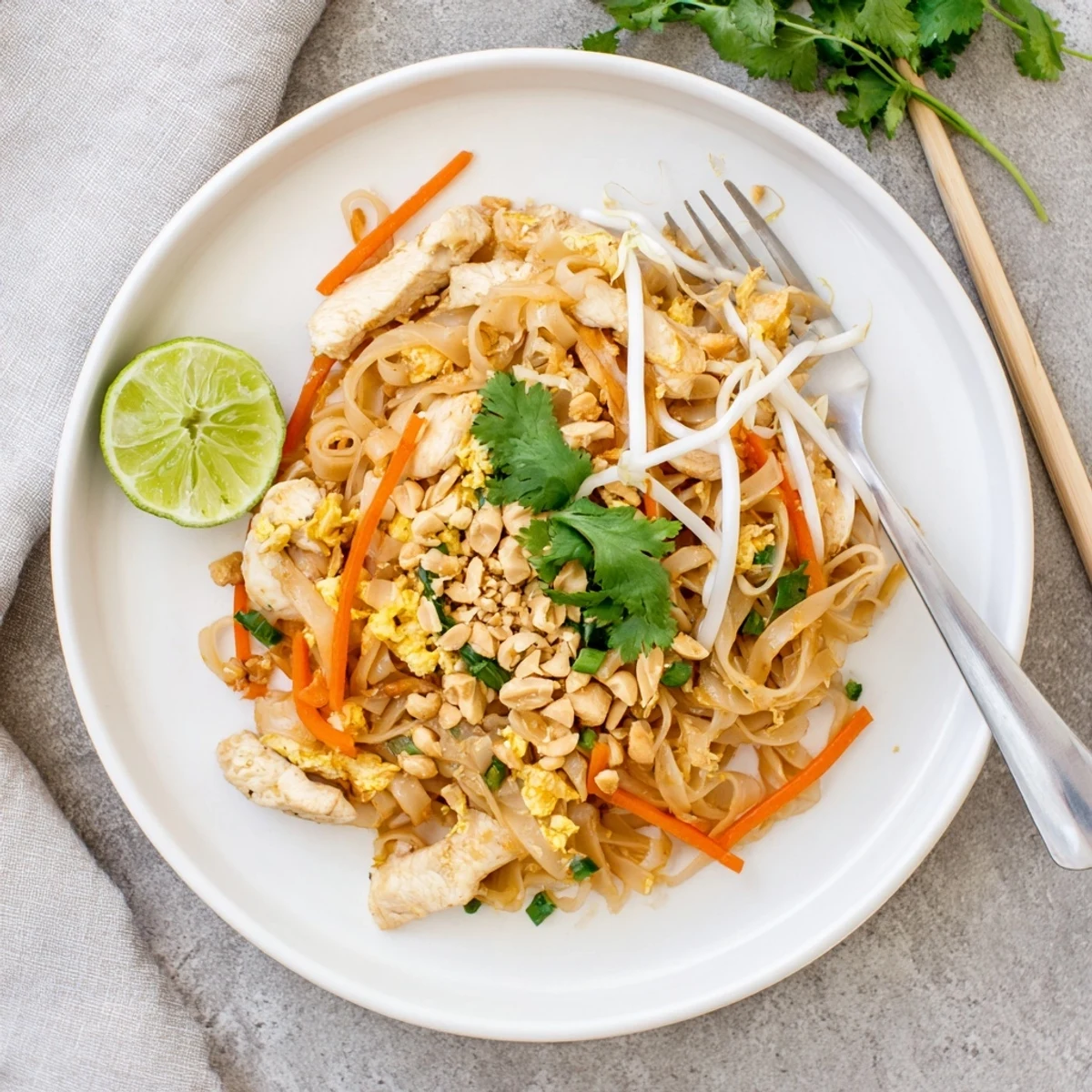 Steamy plate of chicken pad Thai topped with crushed peanuts, lime, and fresh herbs