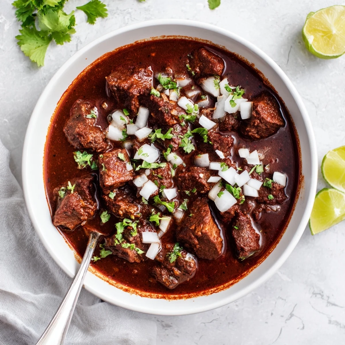 Savory Crockpot Chili Colorado featuring tender beef chunks swimming in rich red chili sauce