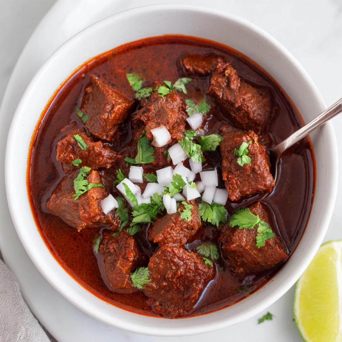 Hearty slow cooker Chili Colorado bowl garnished with fresh cilantro and white onion