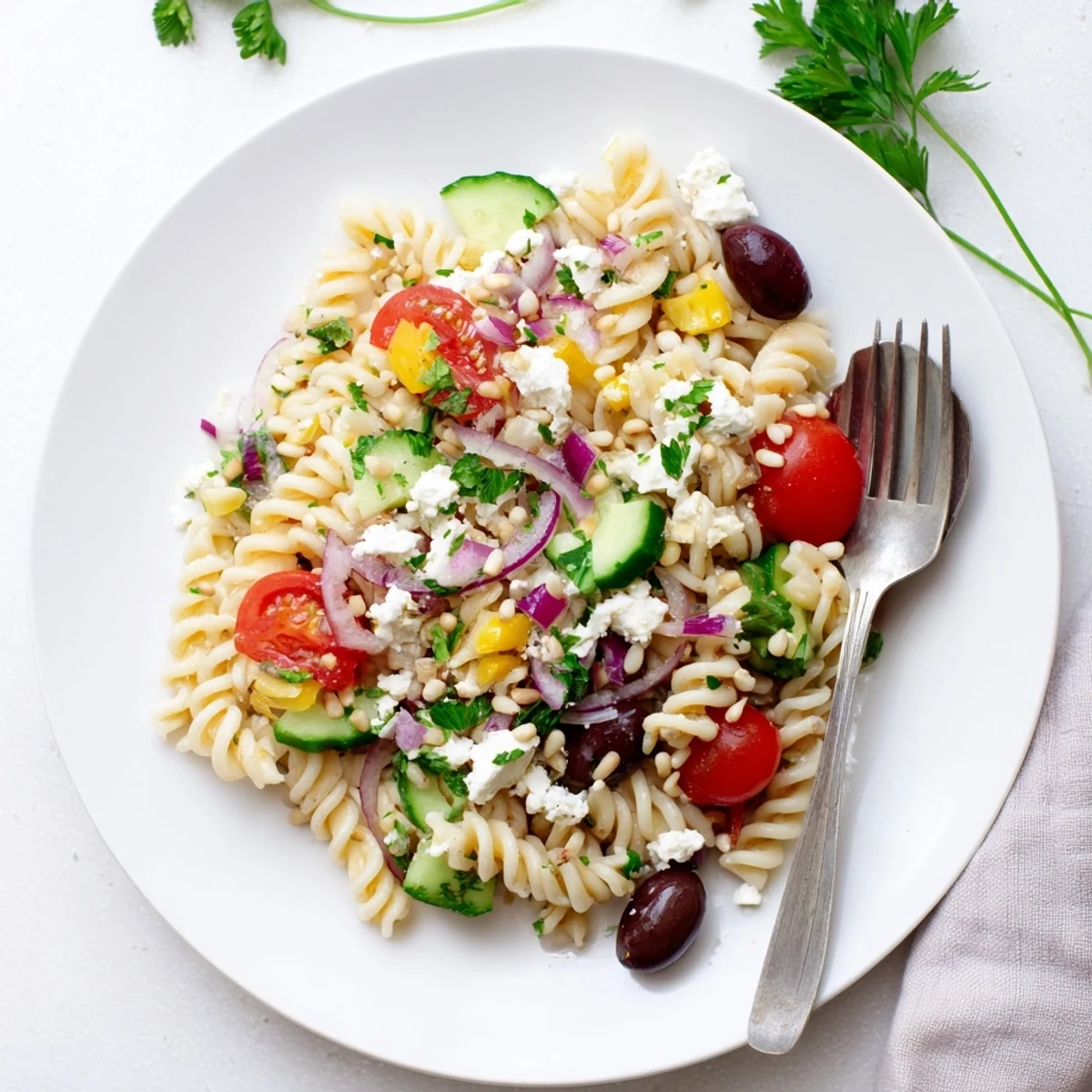 Colorful bowl of Mediterranean cottage cheese pasta salad with cherry tomatoes and crisp vegetables
