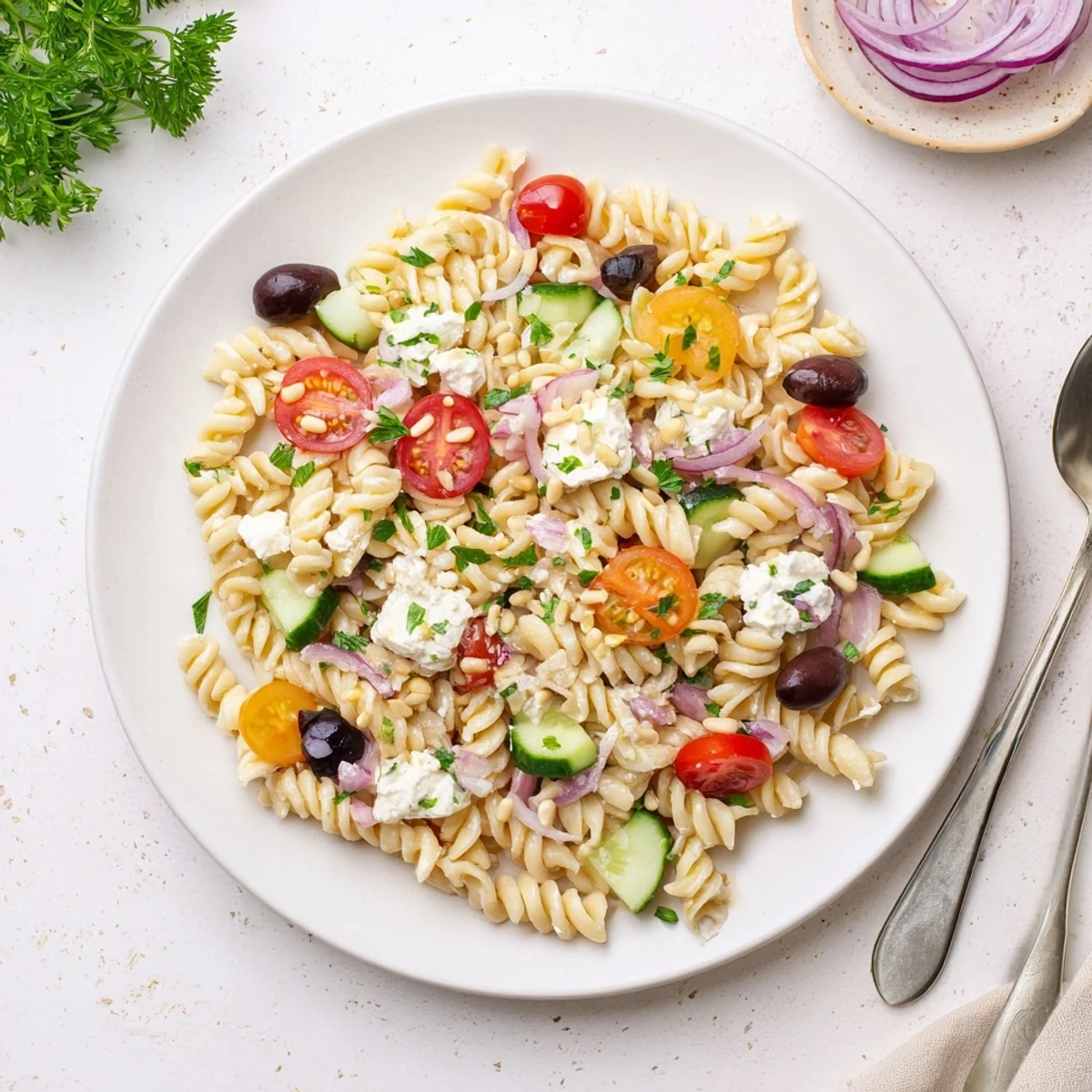 Creamy cottage cheese pasta salad tossed with Mediterranean vegetables in a light lemon herb dressing