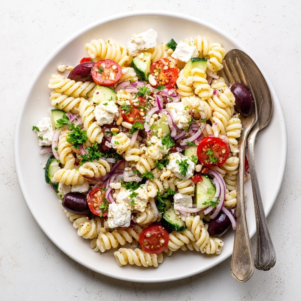 Protein-packed Mediterranean cottage cheese pasta salad featuring fresh cucumbers, olives, and bright parsley garnish