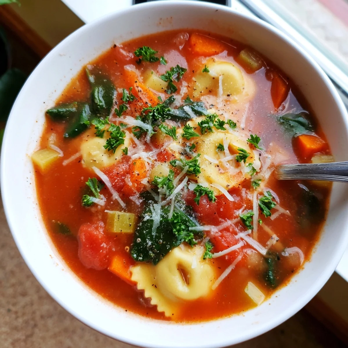 Bowl of Easy Tuscan Ravioli Soup with cheese ravioli and fresh spinach in red tomato broth