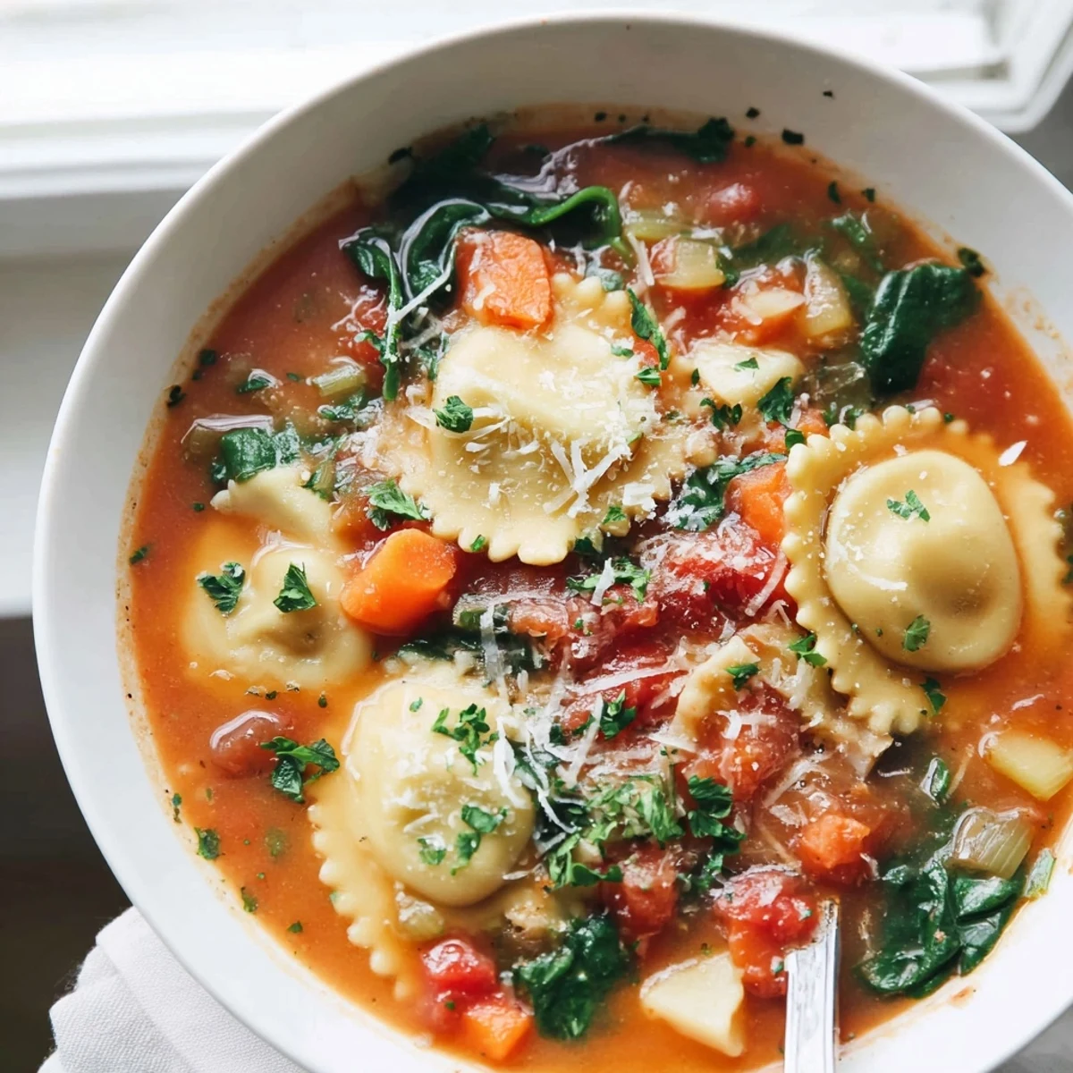 Creamy Easy Tuscan Ravioli Soup with tender vegetables and grated Parmesan in rustic soup bowls