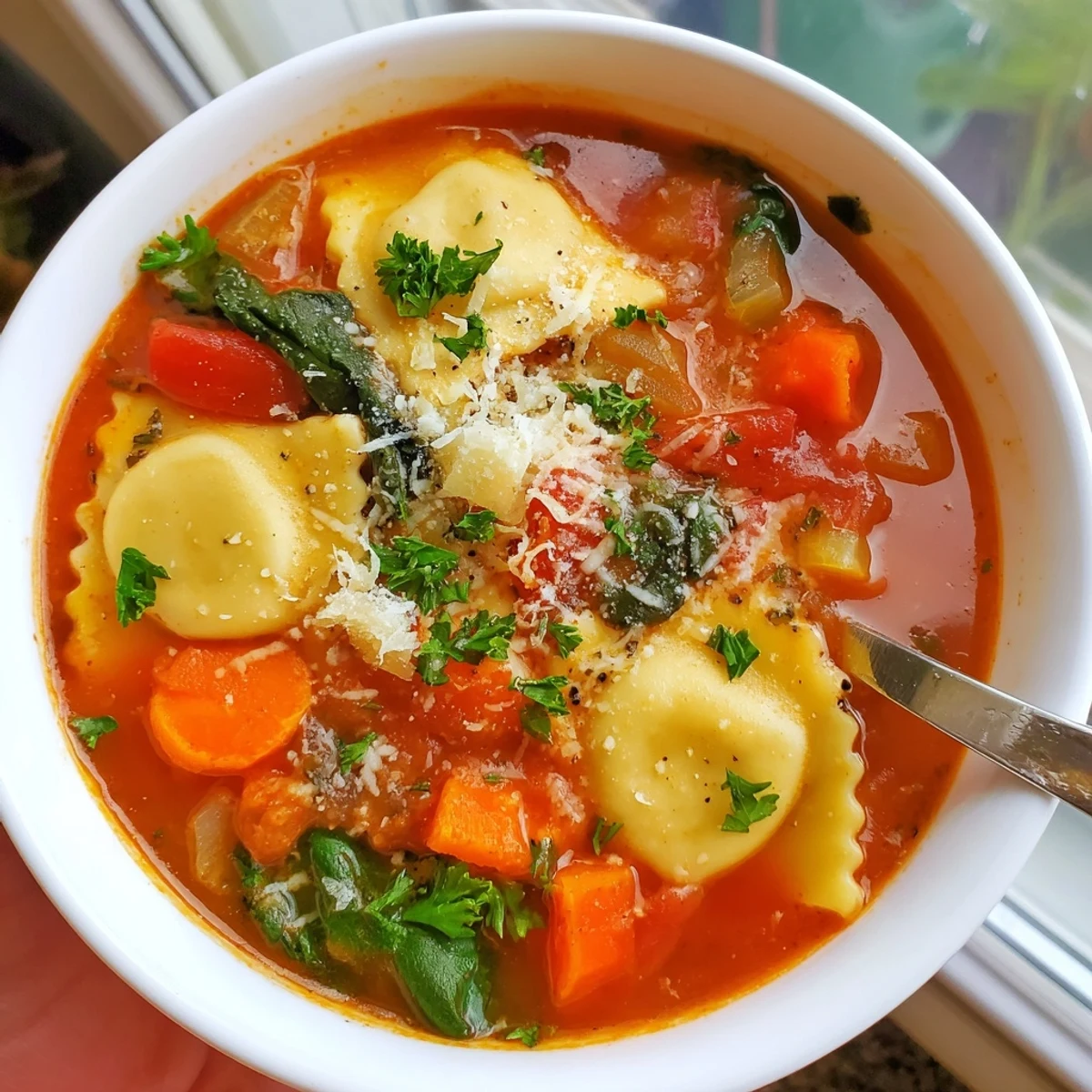 Steaming Easy Tuscan Ravioli Soup featuring floating cheese ravioli and wilted spinach in savory tomato base