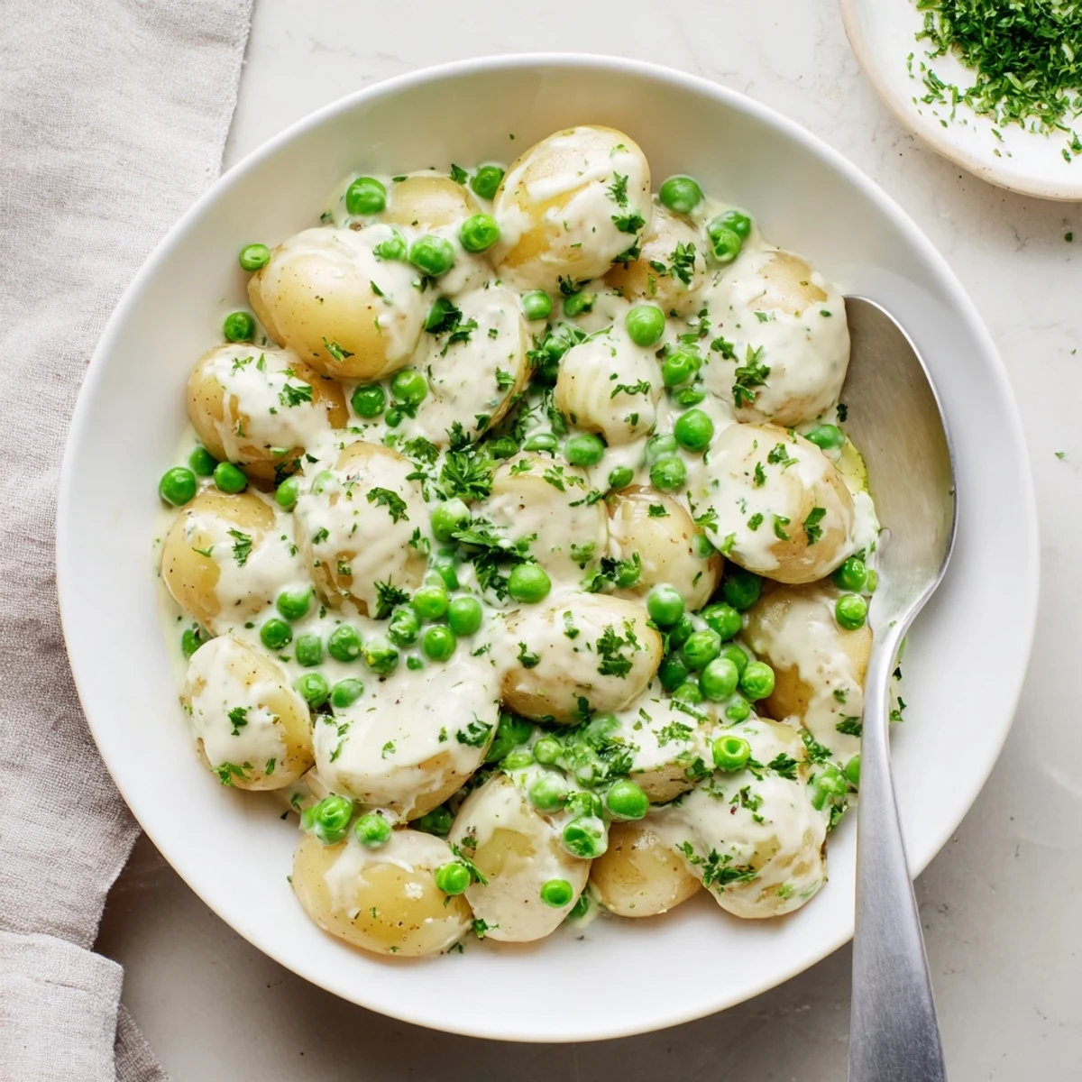 Creamed peas and potatoes in a white ceramic bowl topped with fresh green parsley garnish