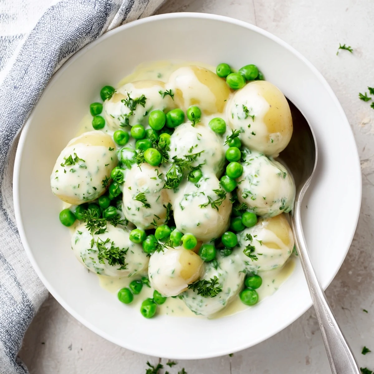 Comforting creamed peas and potatoes side dish with tender vegetables coated in smooth white gravy