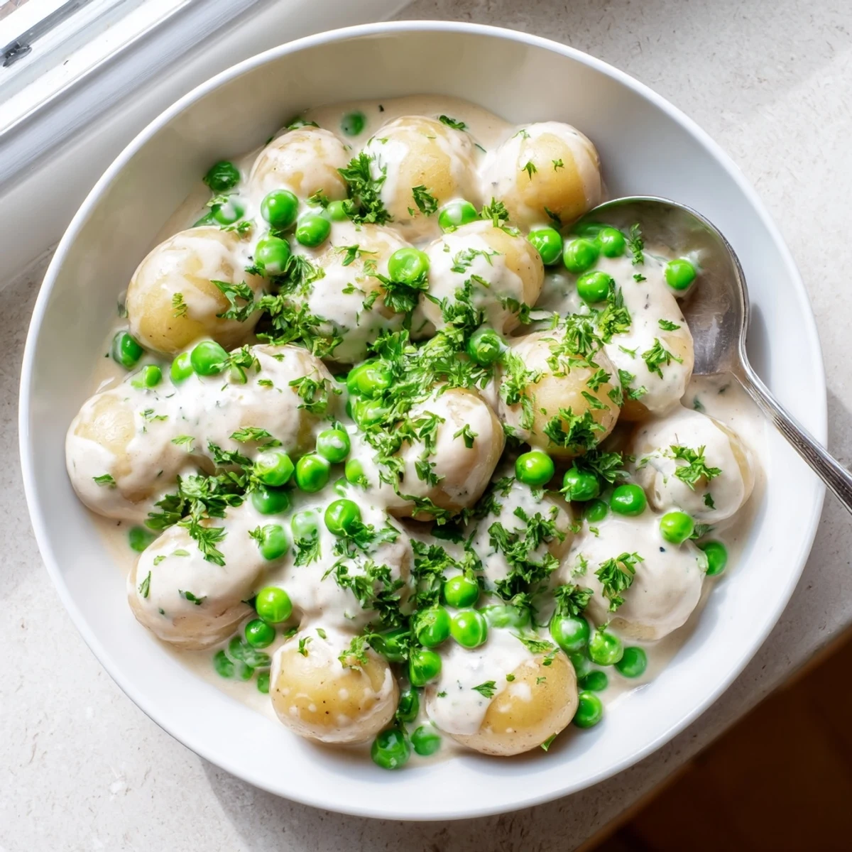 Golden baby potatoes and sweet green peas swimming in a rich velvety cream sauce