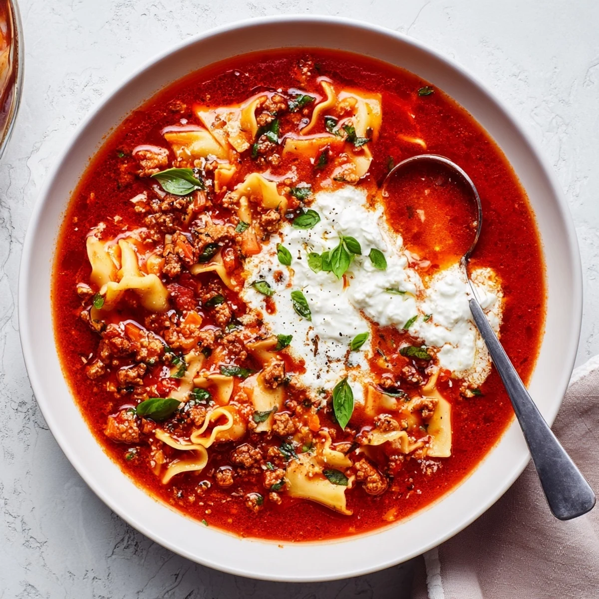 Steamy bowl of Italian lasagna soup topped with creamy ricotta and melted mozzarella cheese