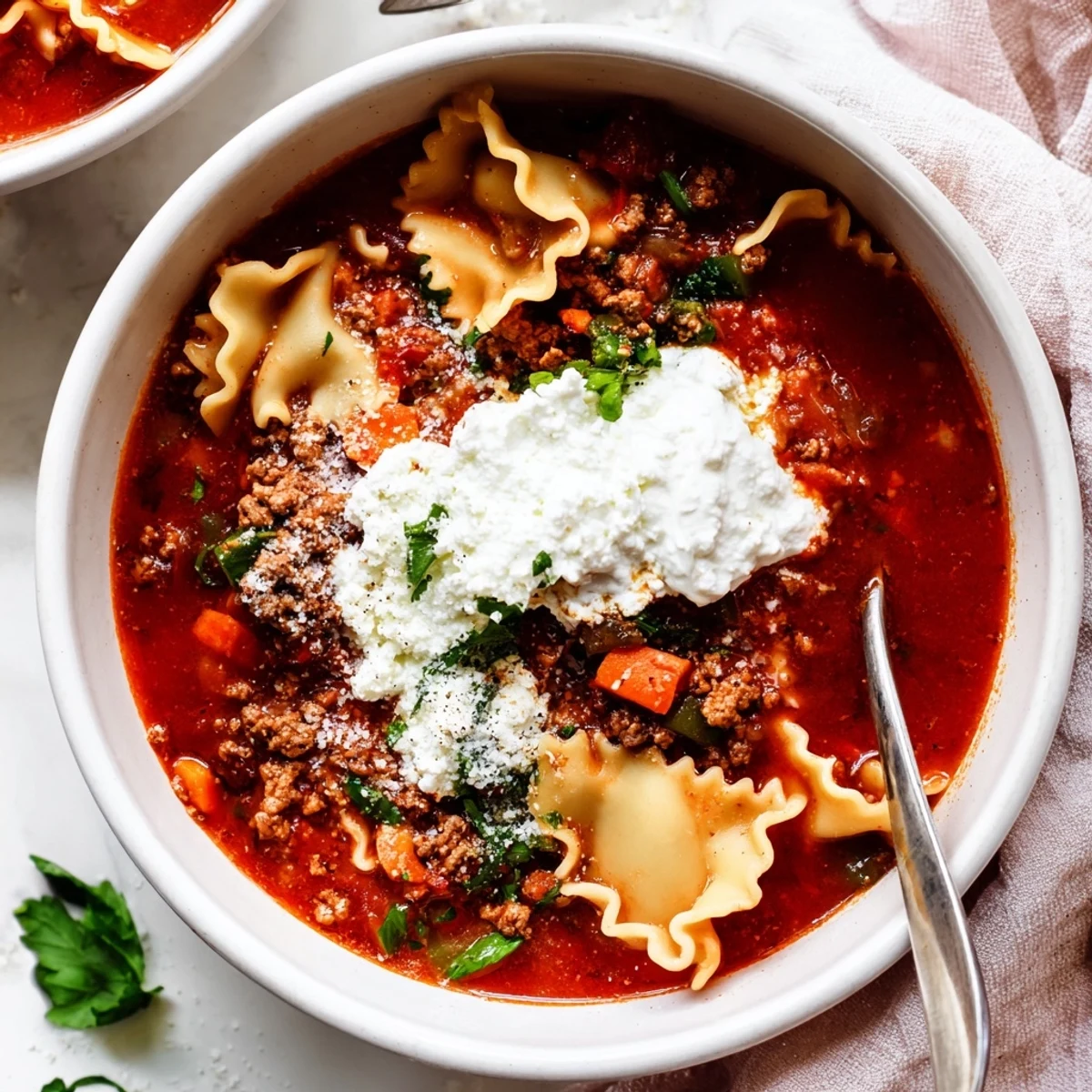 Comforting Italian lasagna soup garnished with fresh basil and savory ground beef crumbles