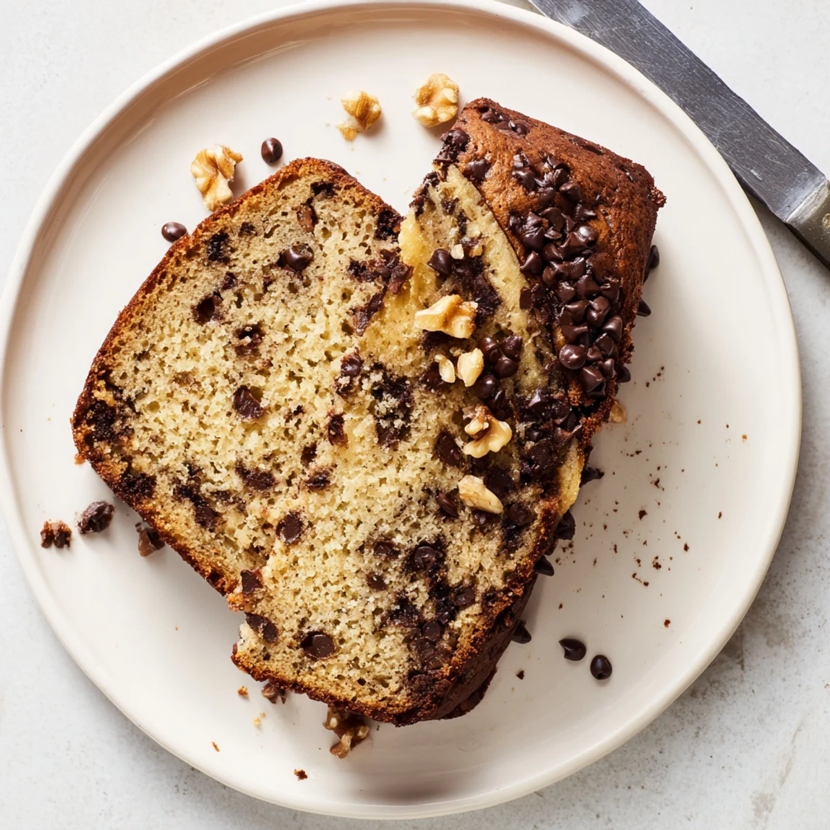Golden brown chocolate chip banana bread loaf studded with melted chocolate chips and sliced on a wooden cutting board