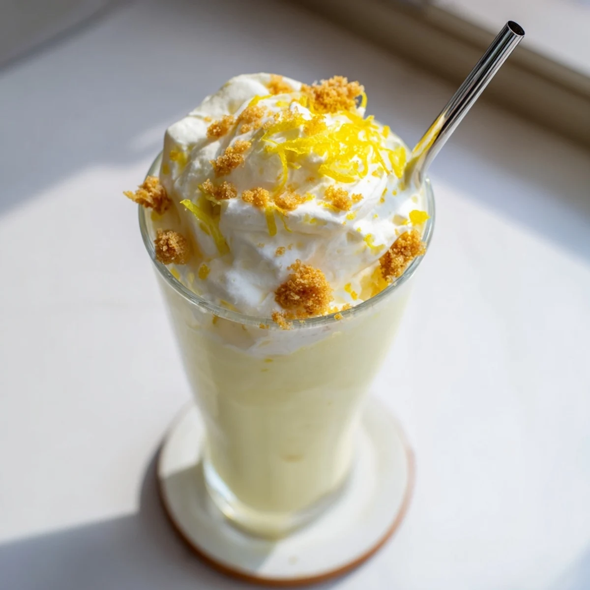 Tall glass of lemon meringue frappé topped with fluffy white meringue and fresh lemon zest garnish