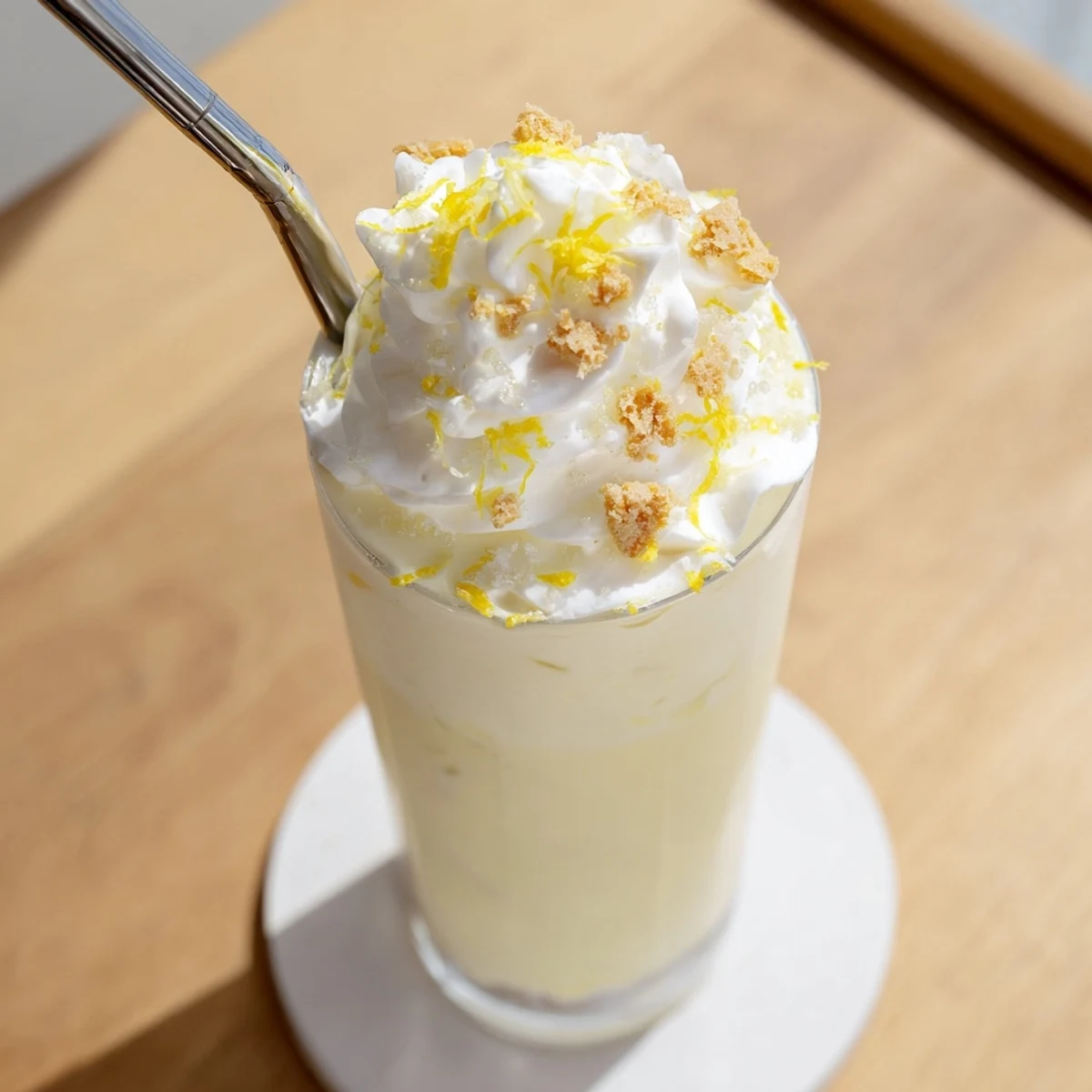 Creamy lemon meringue frappé blended with ice and topped with golden toasted meringue peaks