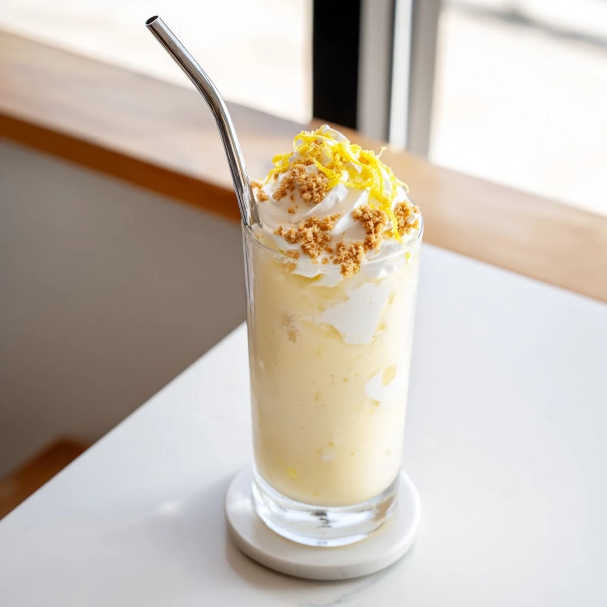 Refreshing lemon meringue frappé in clear glass showing yellow creamy base with white meringue swirl