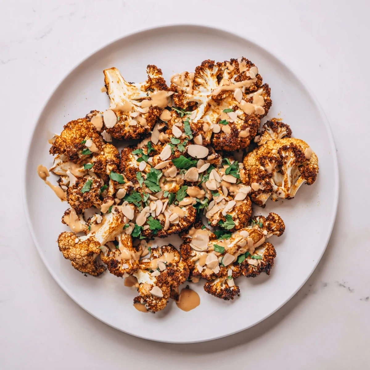 Golden roasted Moroccan cauliflower florets drizzled with creamy tahini honey sauce and fresh herbs