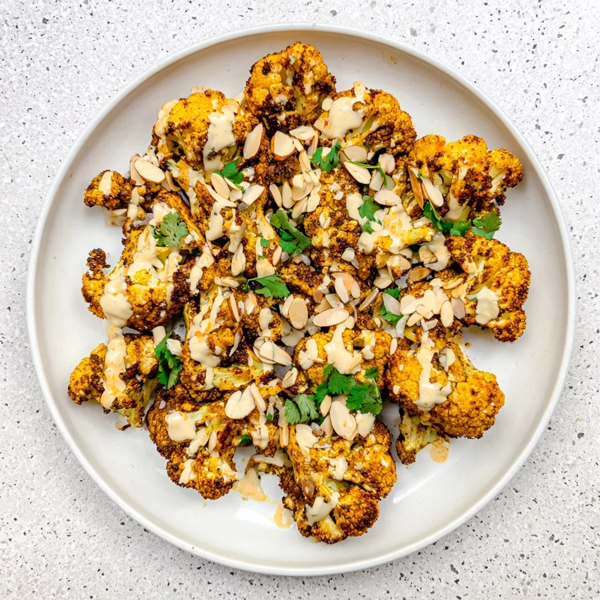 Spiced Moroccan cauliflower with tahini honey on a white platter garnished with green cilantro
