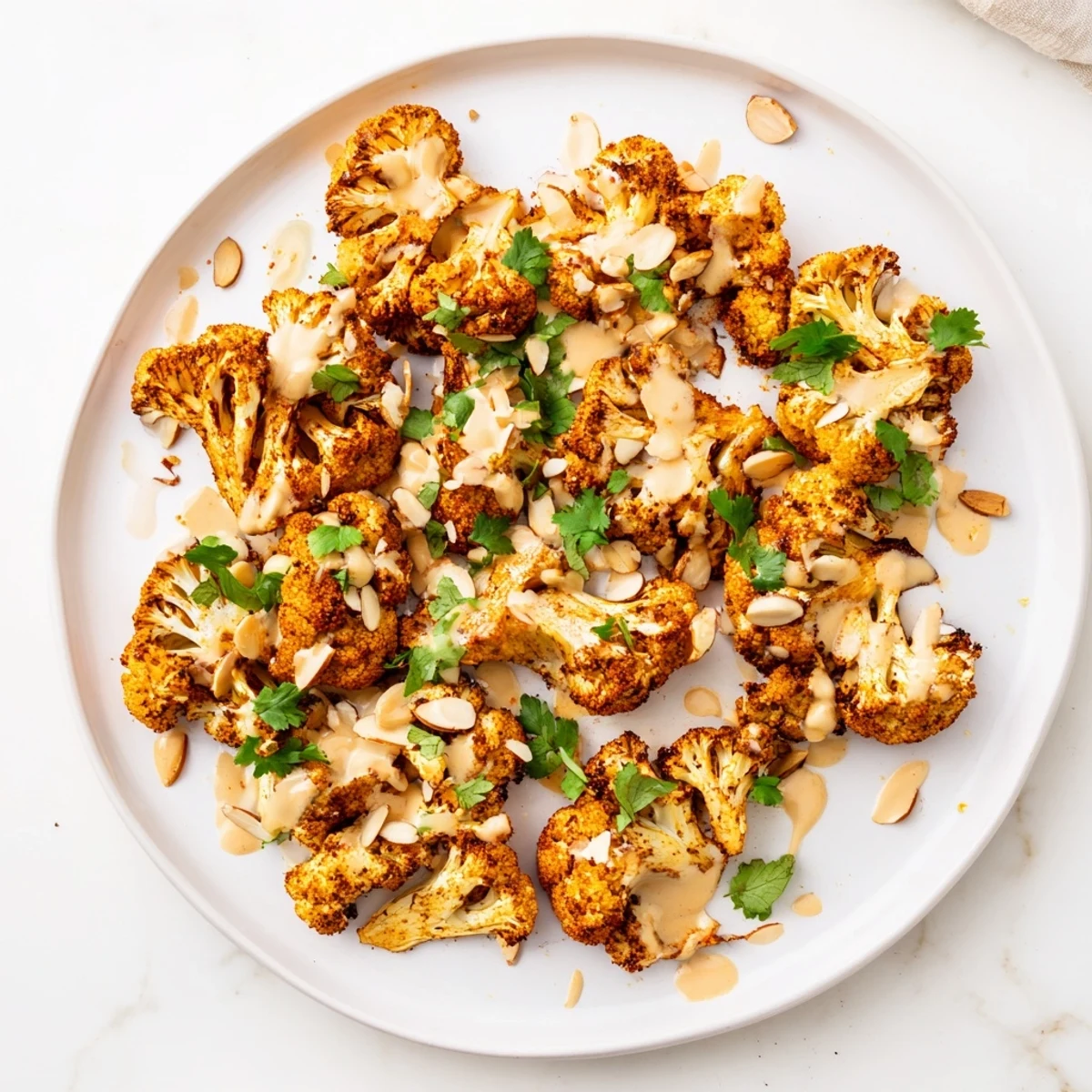 Crispy roasted cauliflower tossed in Moroccan spices topped with sweet tahini honey and almonds