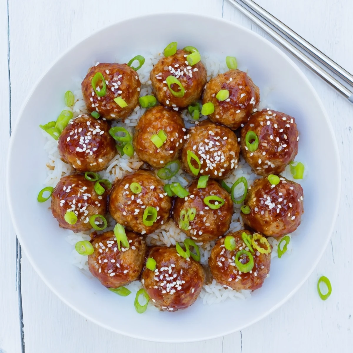 Golden brown Japanese chicken meatballs glistening with sticky homemade teriyaki glaze