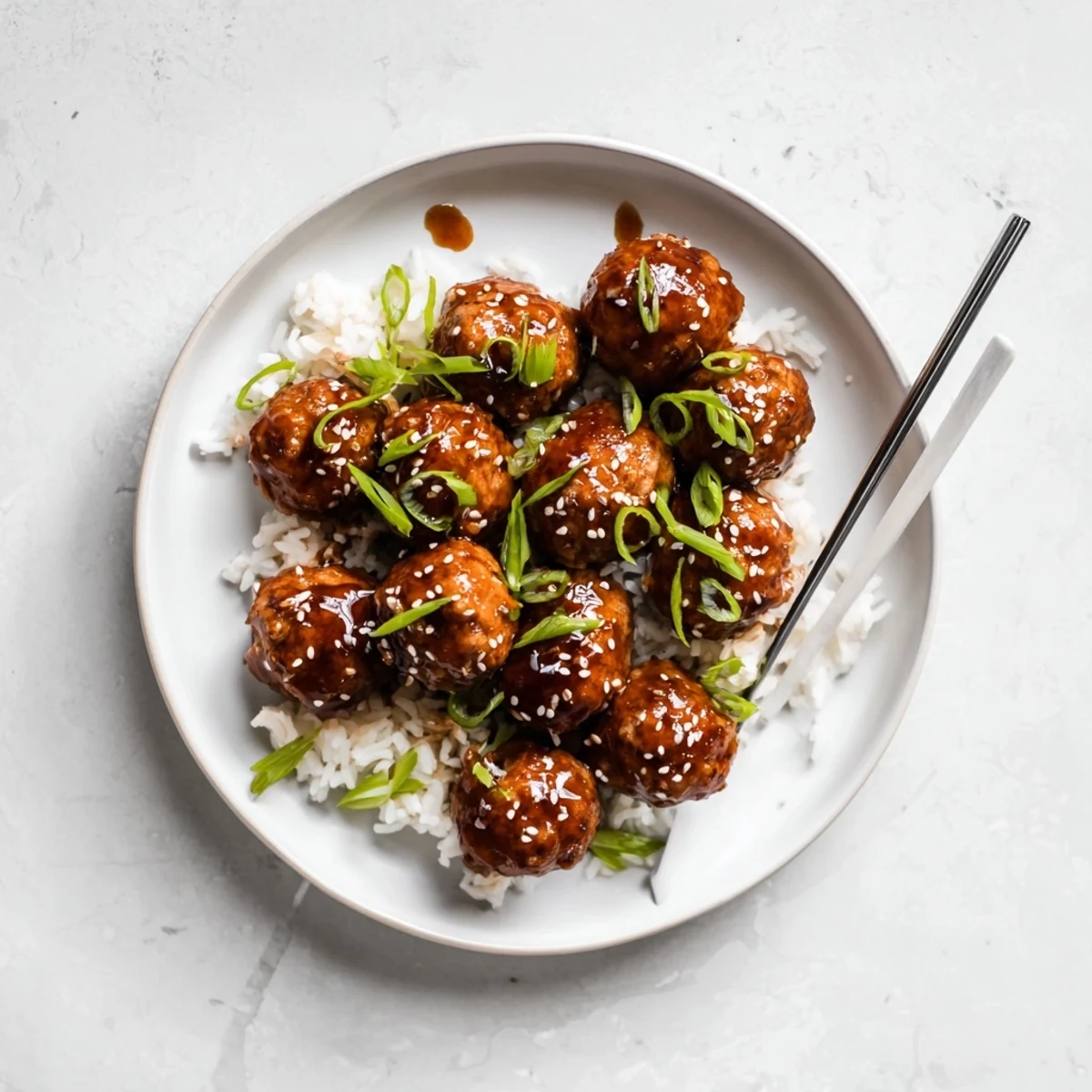 Plate of tender Japanese meatballs drizzled with thick teriyaki sauce over steamed white rice