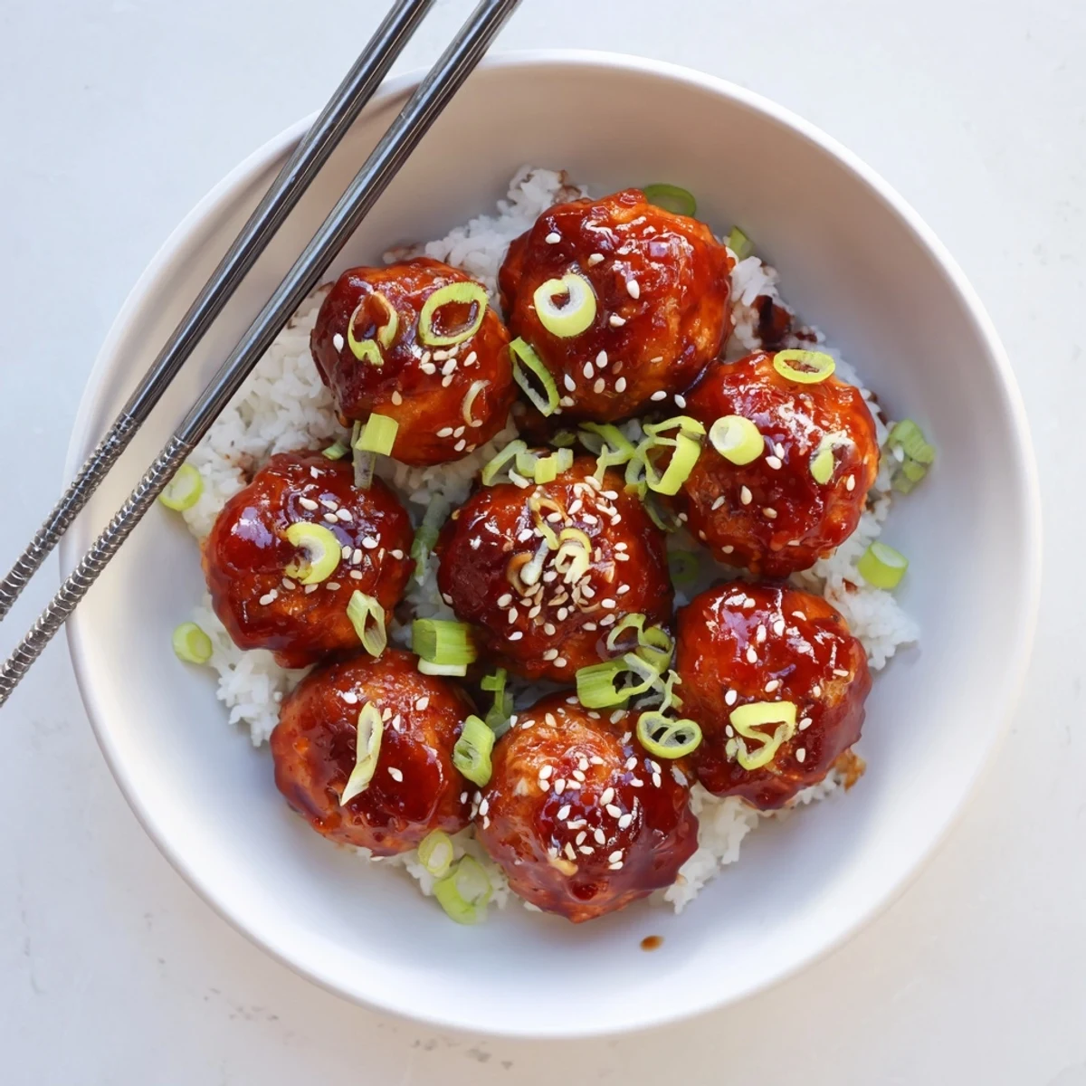 Juicy chicken meatballs coated in sweet savory teriyaki sauce garnished with sesame seeds