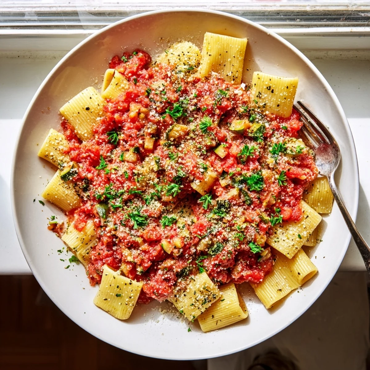 Golden Italian zucchini sauce simmers with diced tomatoes, fresh herbs, and grated Parmesan cheese