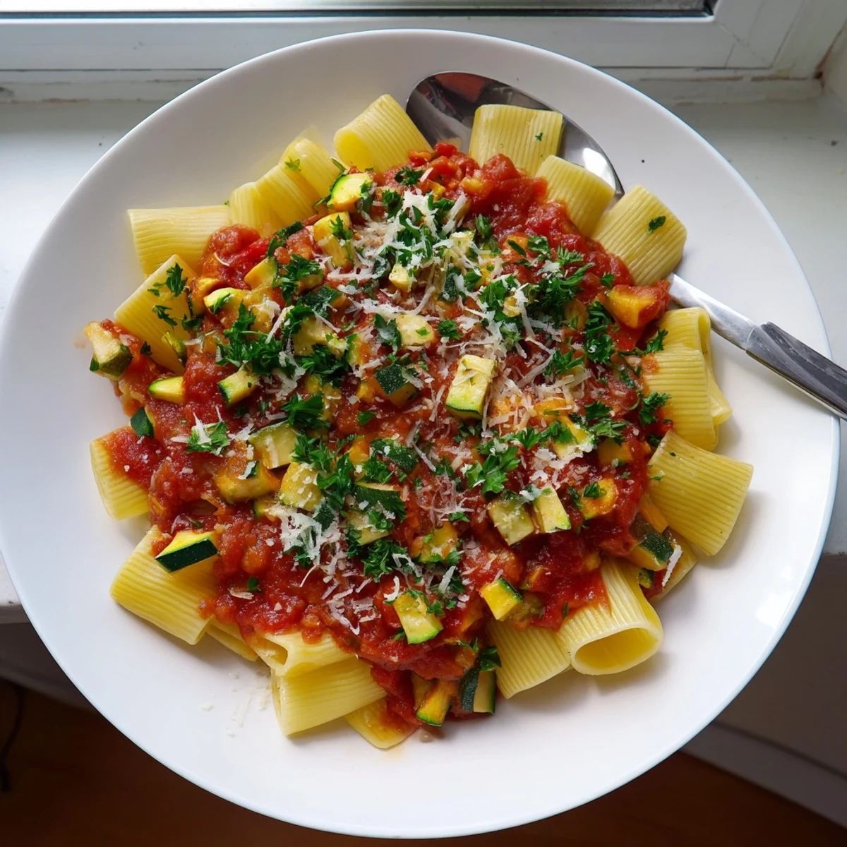 Rustic Italian zucchini sauce tossed over al dente pasta with fresh parsley garnish