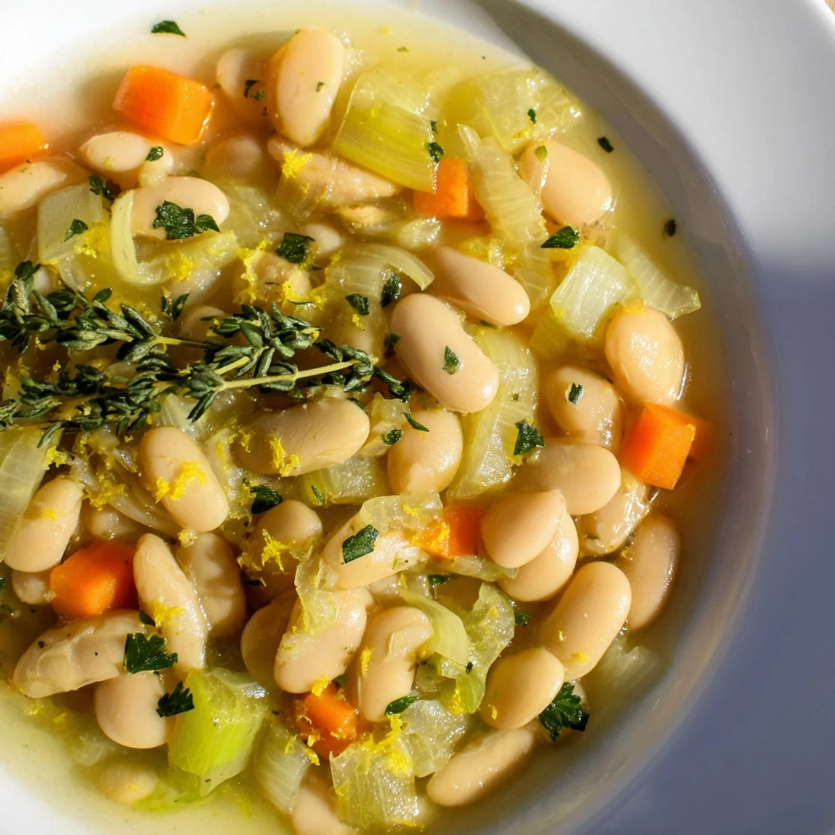 Creamy butter beans with tender leeks simmered in a savory vegetable broth with fresh thyme