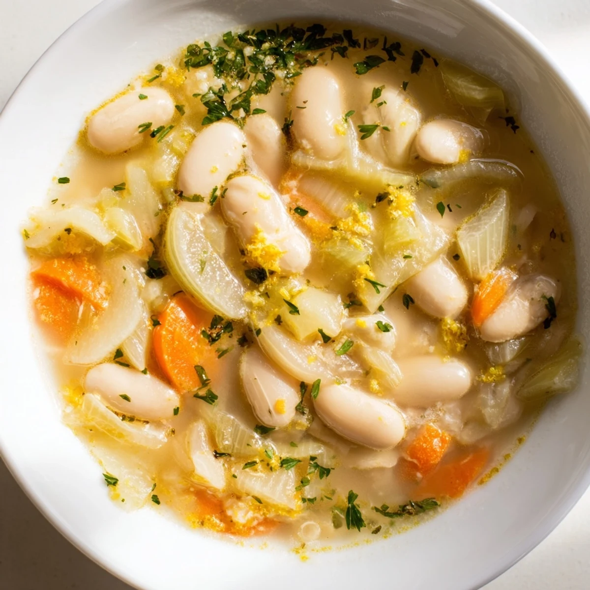 Golden butter beans and aromatic leeks cooked in a skillet with garlic and olive oil