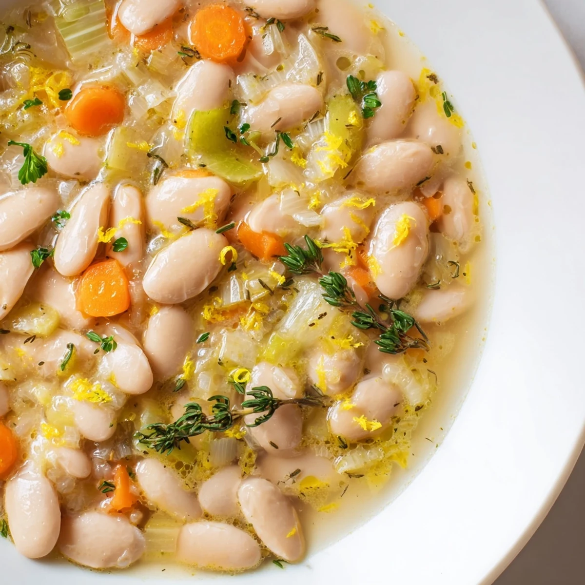 Hearty butter beans with leeks garnished with fresh parsley and lemon zest in a rustic bowl