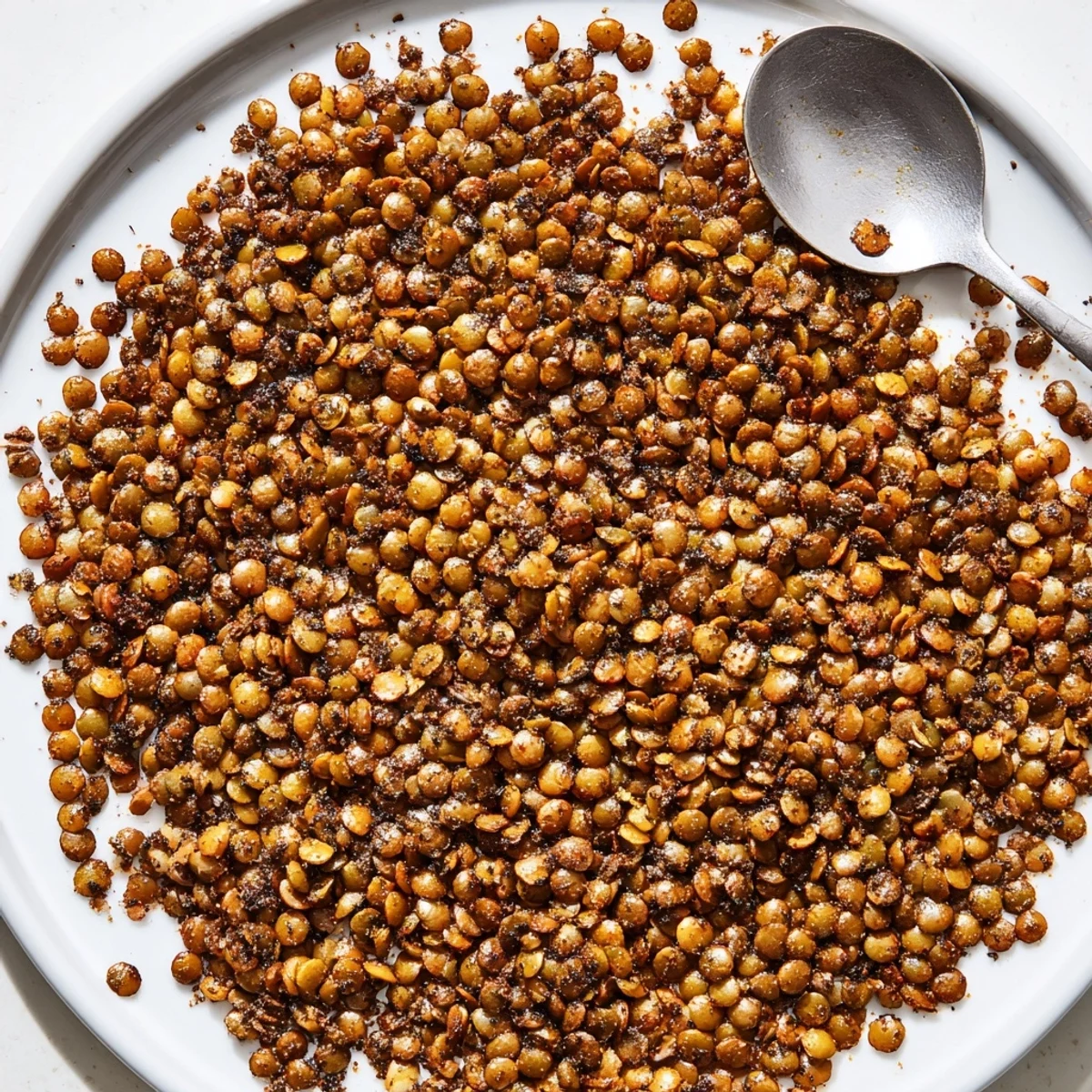 Bowl of seasoned crispy roasted lentils sprinkled over a fresh green salad for crunch
