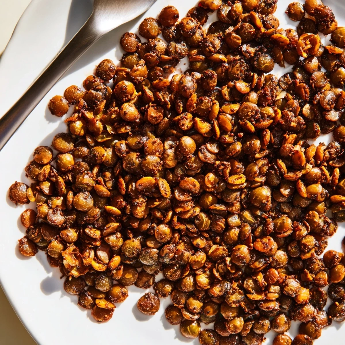 Golden brown crispy roasted lentils scattered on a parchment-lined baking sheet with visible seasoning