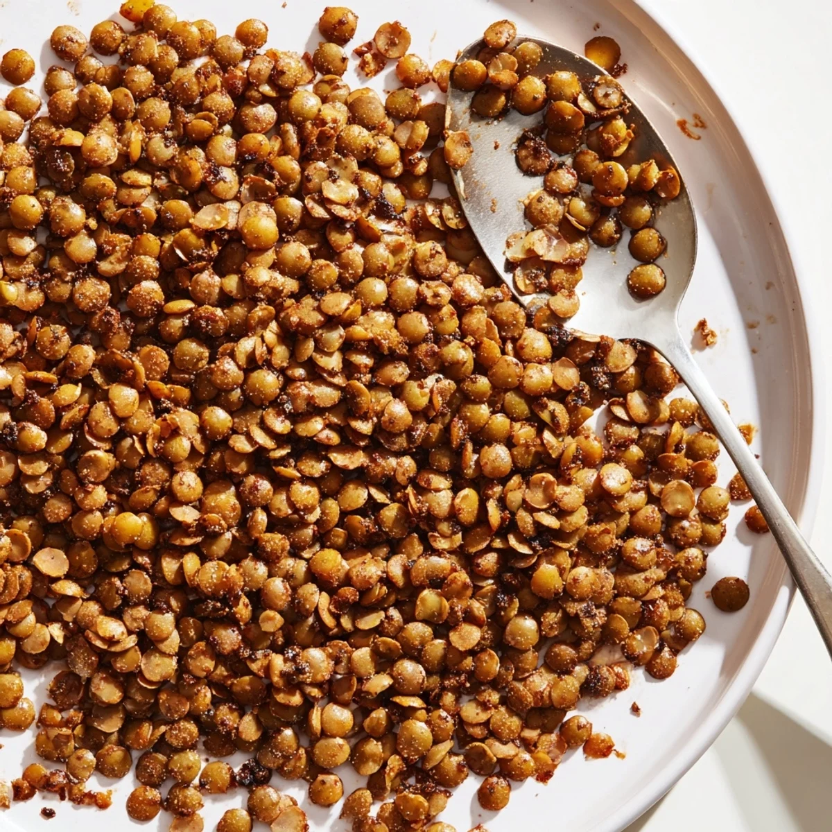 Close up of crunchy golden crispy roasted lentils with smoked paprika and sea salt coating