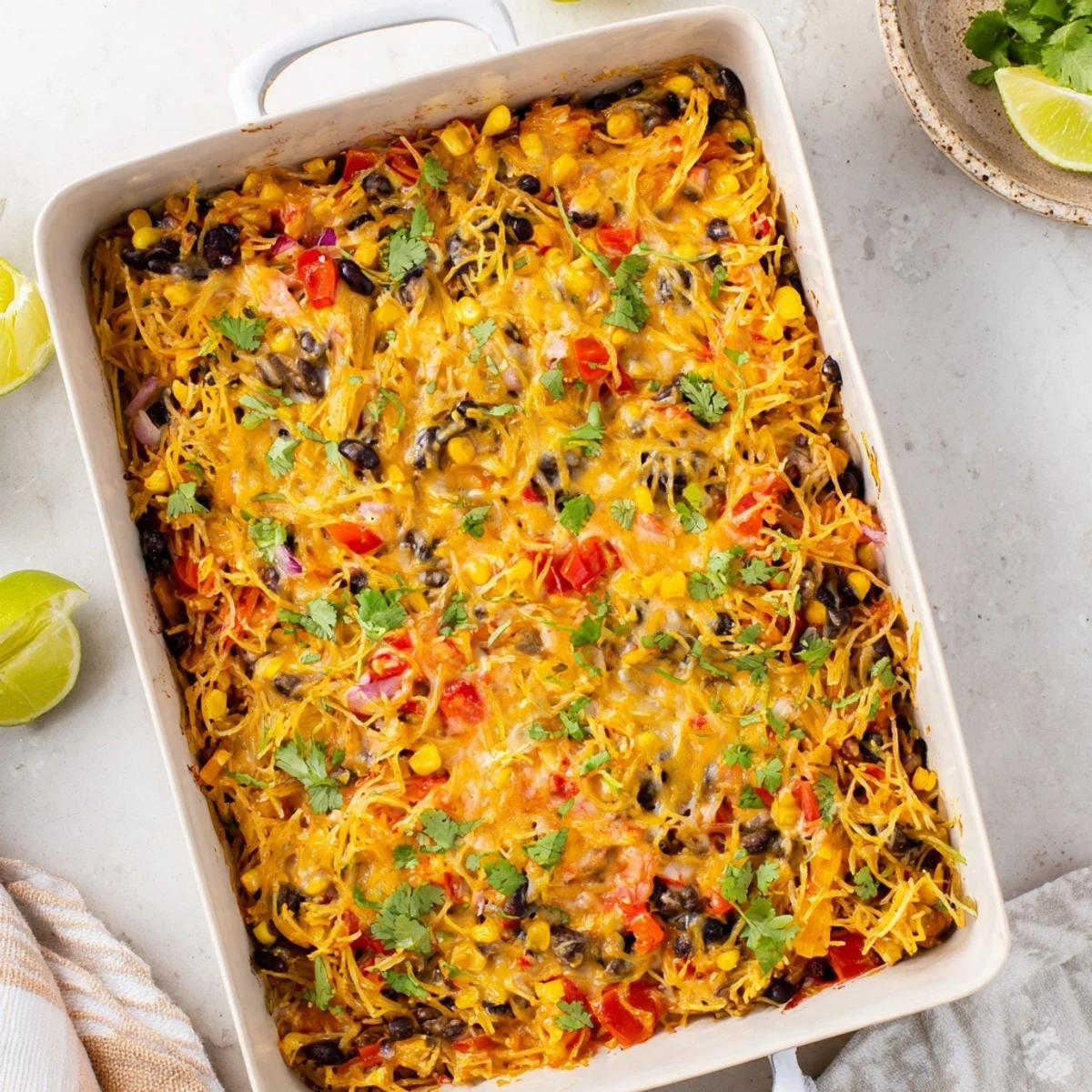 Golden melted cheese tops this Mexican spaghetti squash casserole loaded with black beans and corn