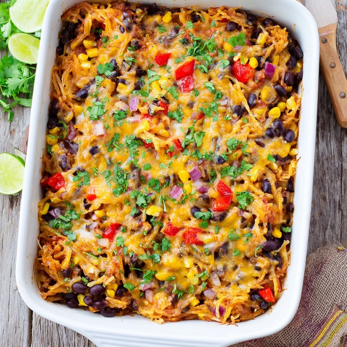 Gluten-free Mexican spaghetti squash casserole fresh from the oven with bubbly cheddar and Monterey Jack cheese