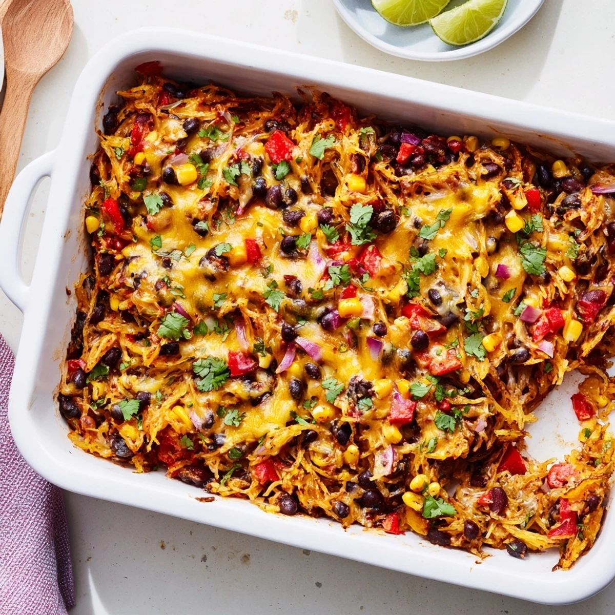 Baked Mexican spaghetti squash casserole featuring tender squash strands and zesty south-of-the-border spices