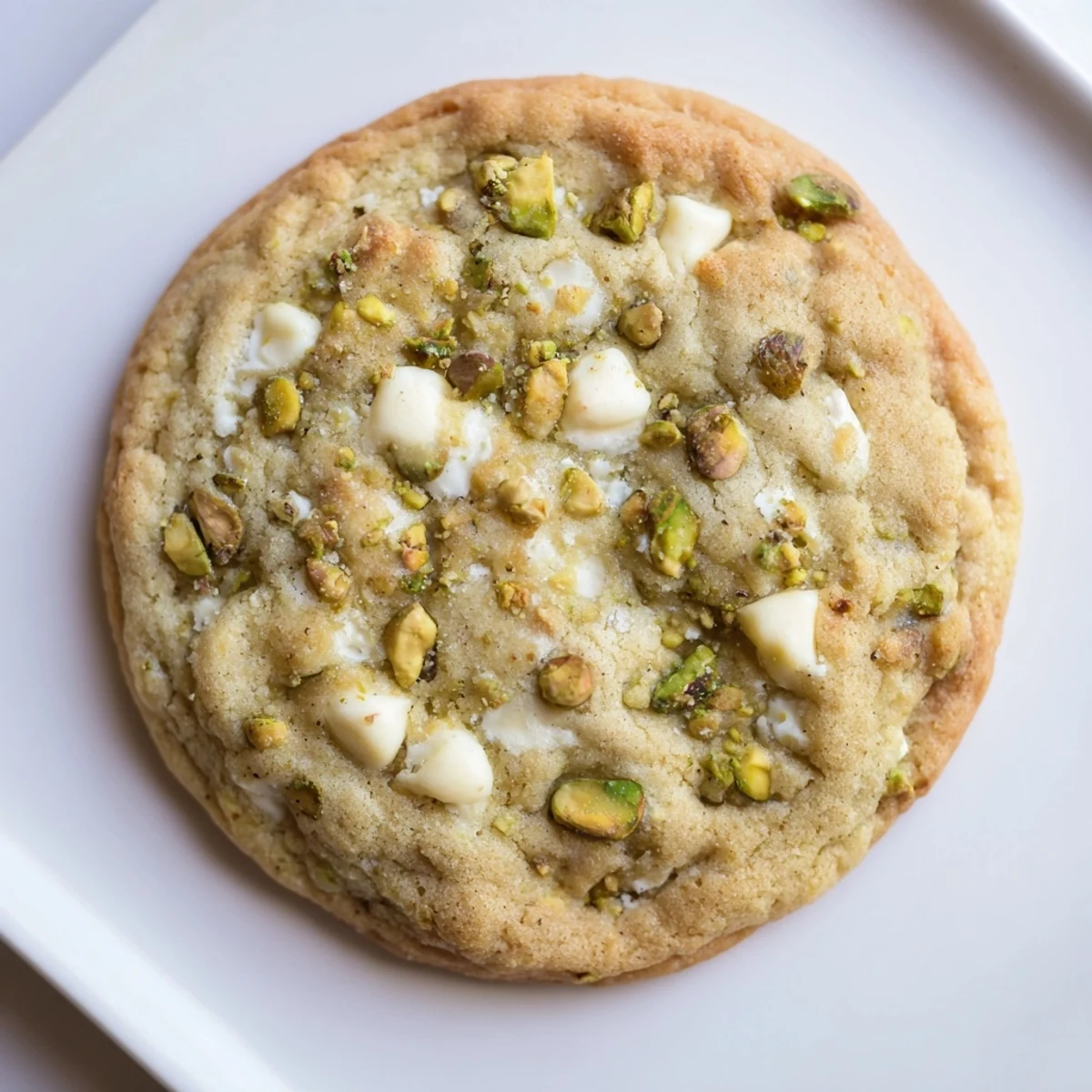 Golden brown white chocolate pistachio cookies with melted chunks and green nut speckles on a cooling rack