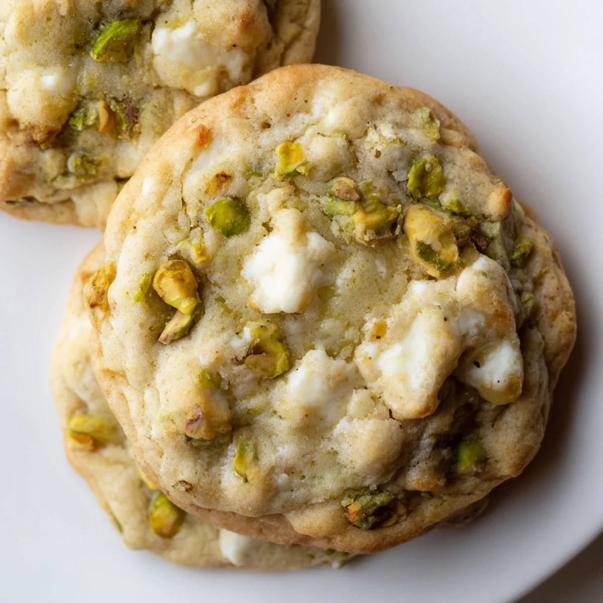 Freshly baked white chocolate pistachio cookies stacked on a wooden board with cracked surfaces showing creamy chips