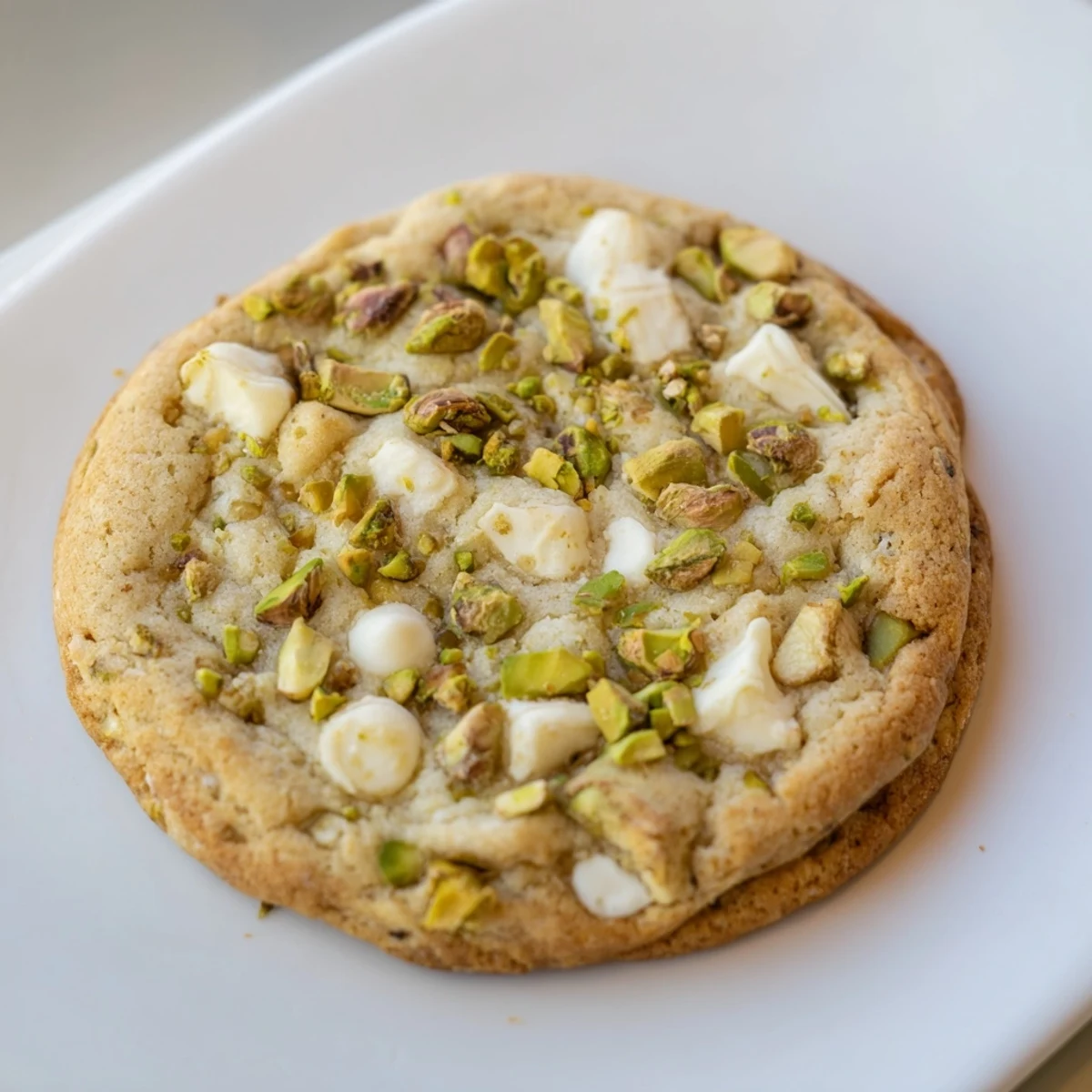 Chewy white chocolate pistachio cookies on a white plate surrounded by scattered pistachios and chocolate pieces