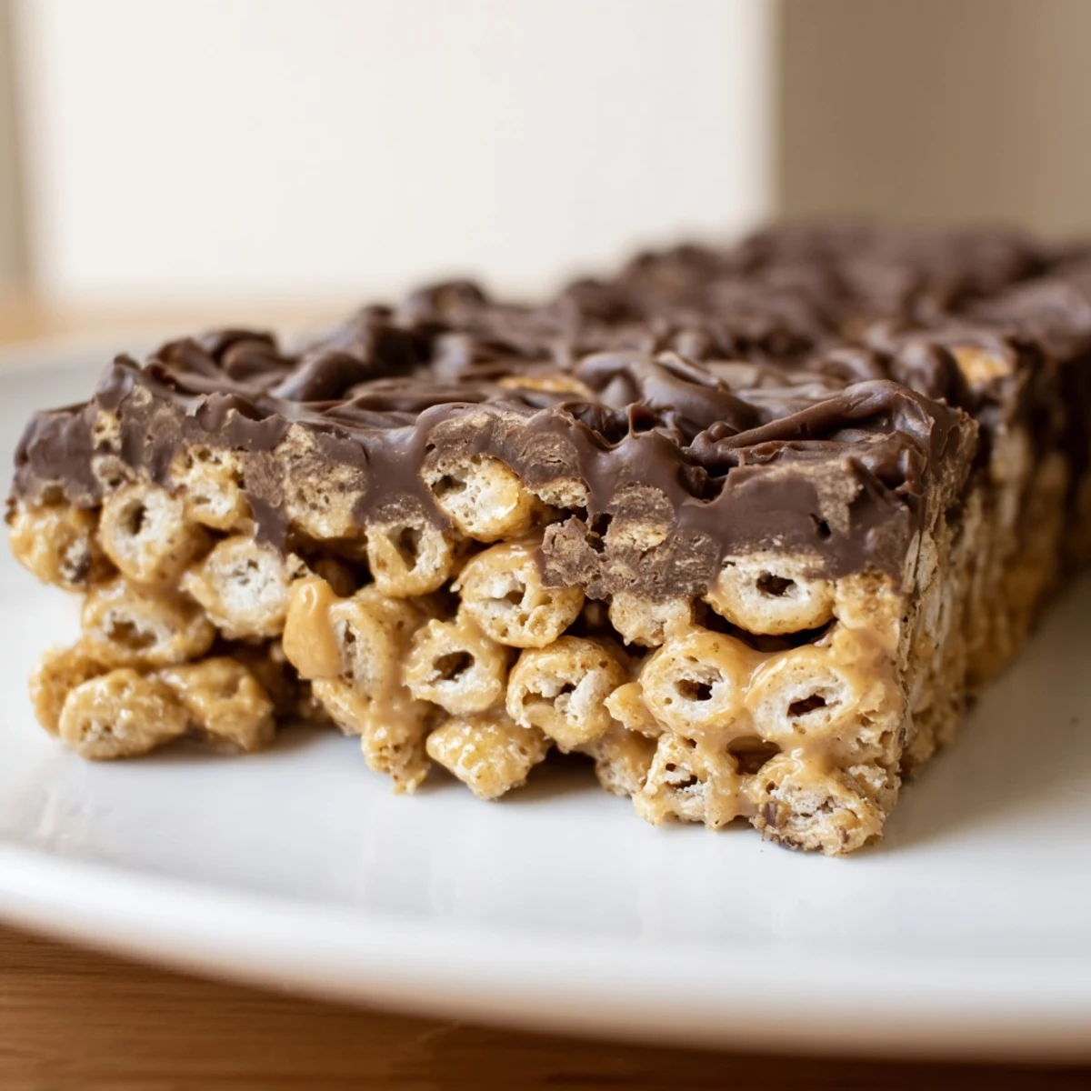 Golden gluten-free Honey Chex chocolate peanut butter bars arranged on a serving platter