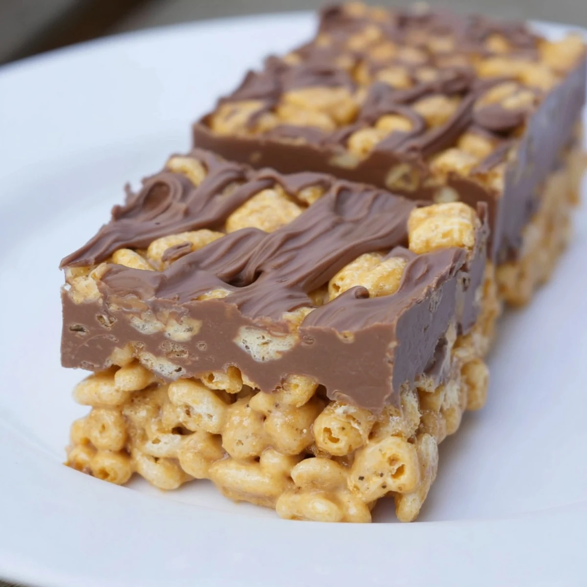 Cut squares reveal layers of honey-sweetened Chex cereal beneath smooth chocolate peanut butter frosting