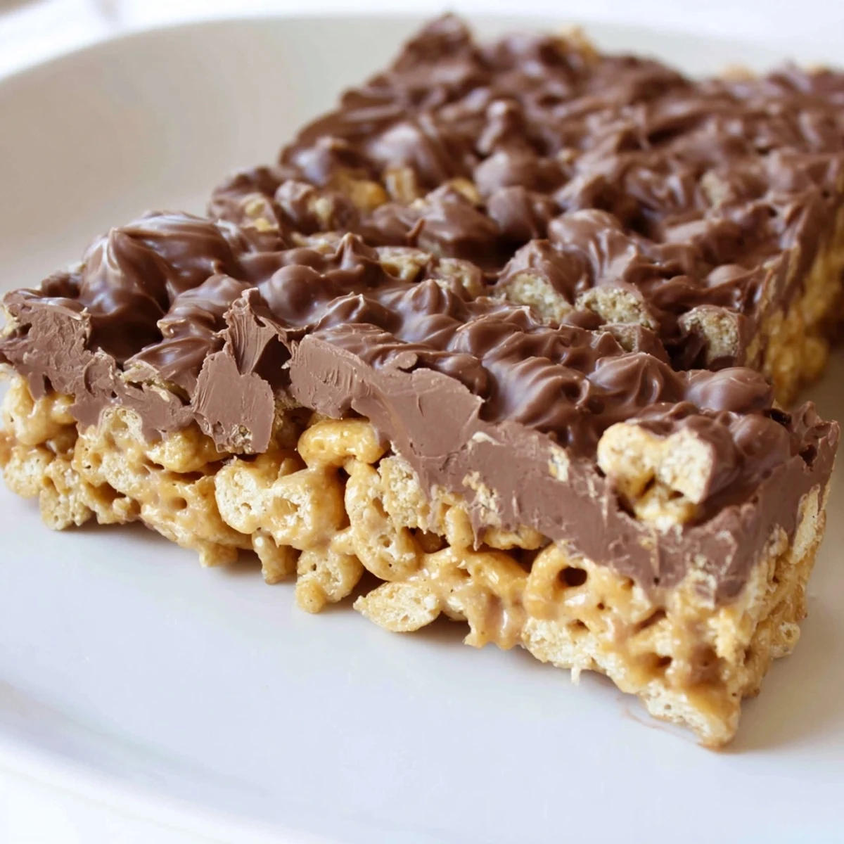 Square no-bake bars featuring crunchy cereal base topped with glossy melted chocolate layer
