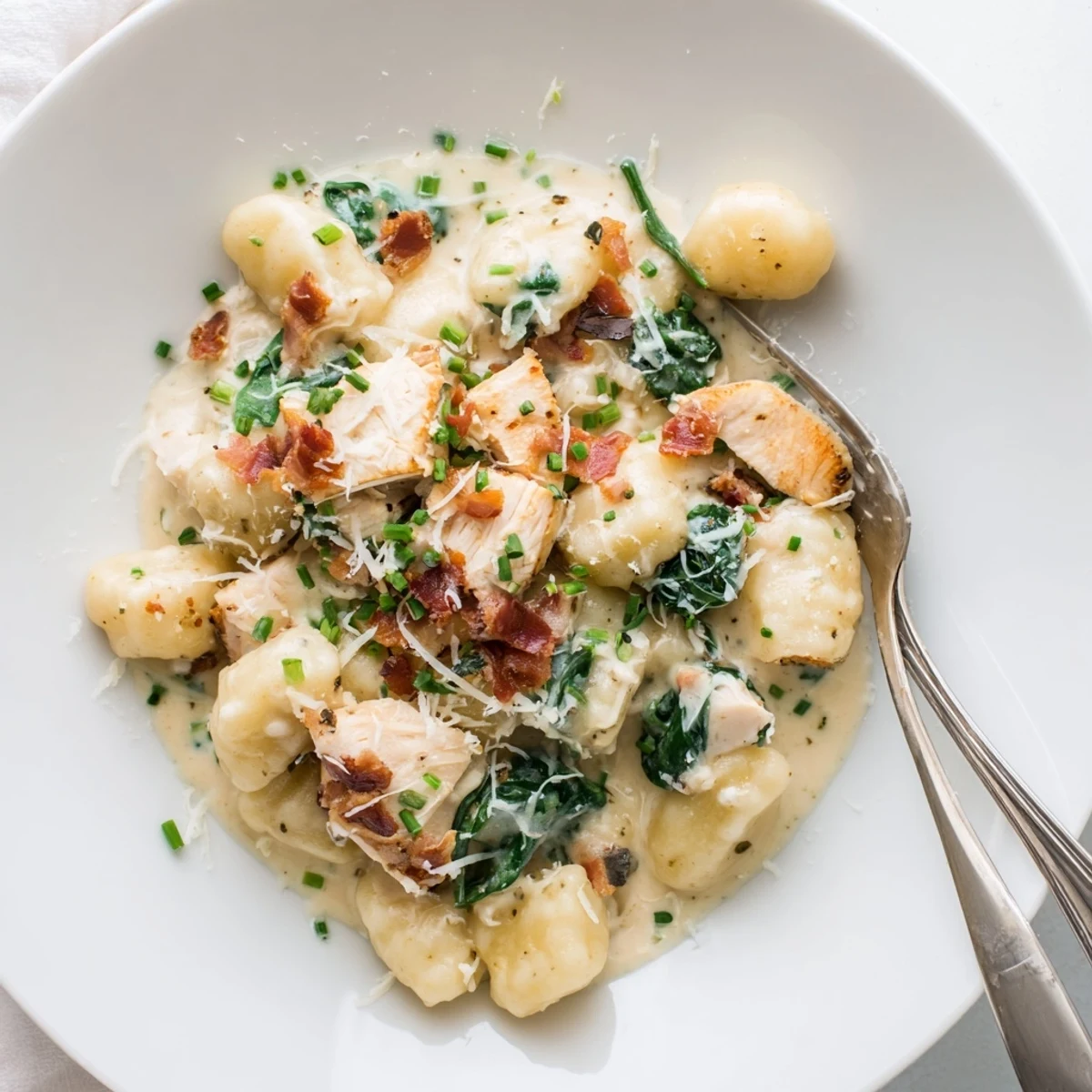 Golden potato gnocchi with chicken and spinach swimming in rich ranch cream sauce