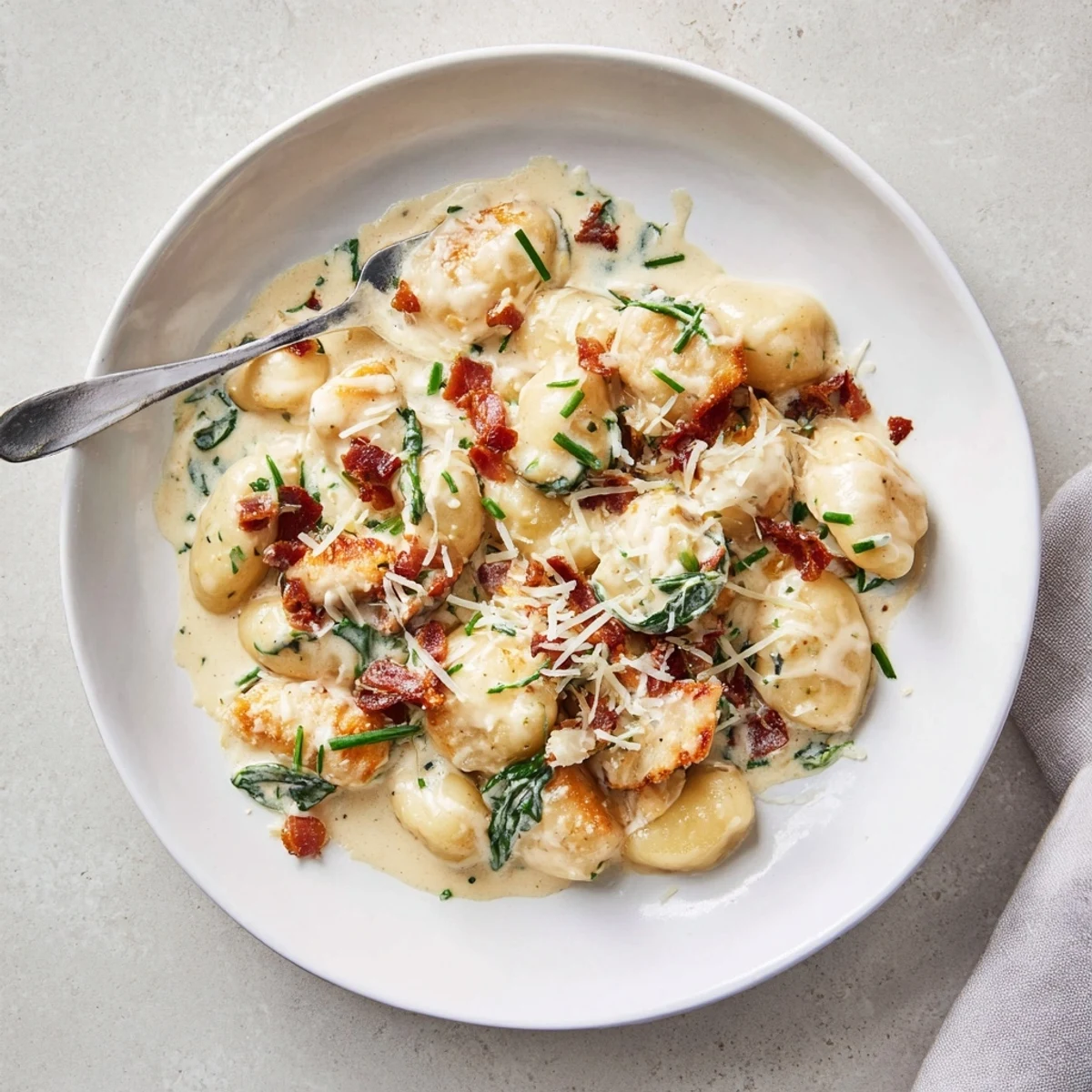 Creamy crack chicken gnocchi in white sauce topped with crispy bacon bits