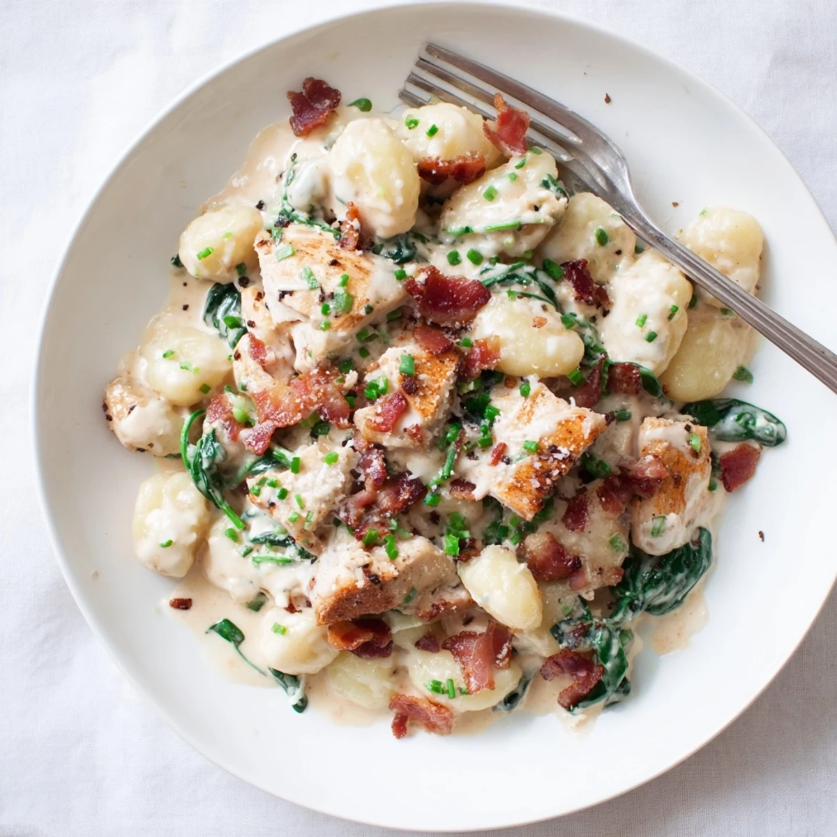 Serving bowl of cheesy chicken gnocchi dish garnished with fresh green chives