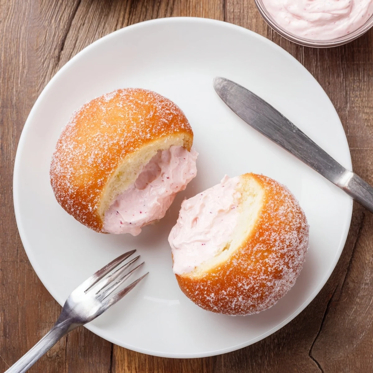 Golden fried strawberry cream filled doughnuts coated in sparkling sugar with pink cream oozing from the center