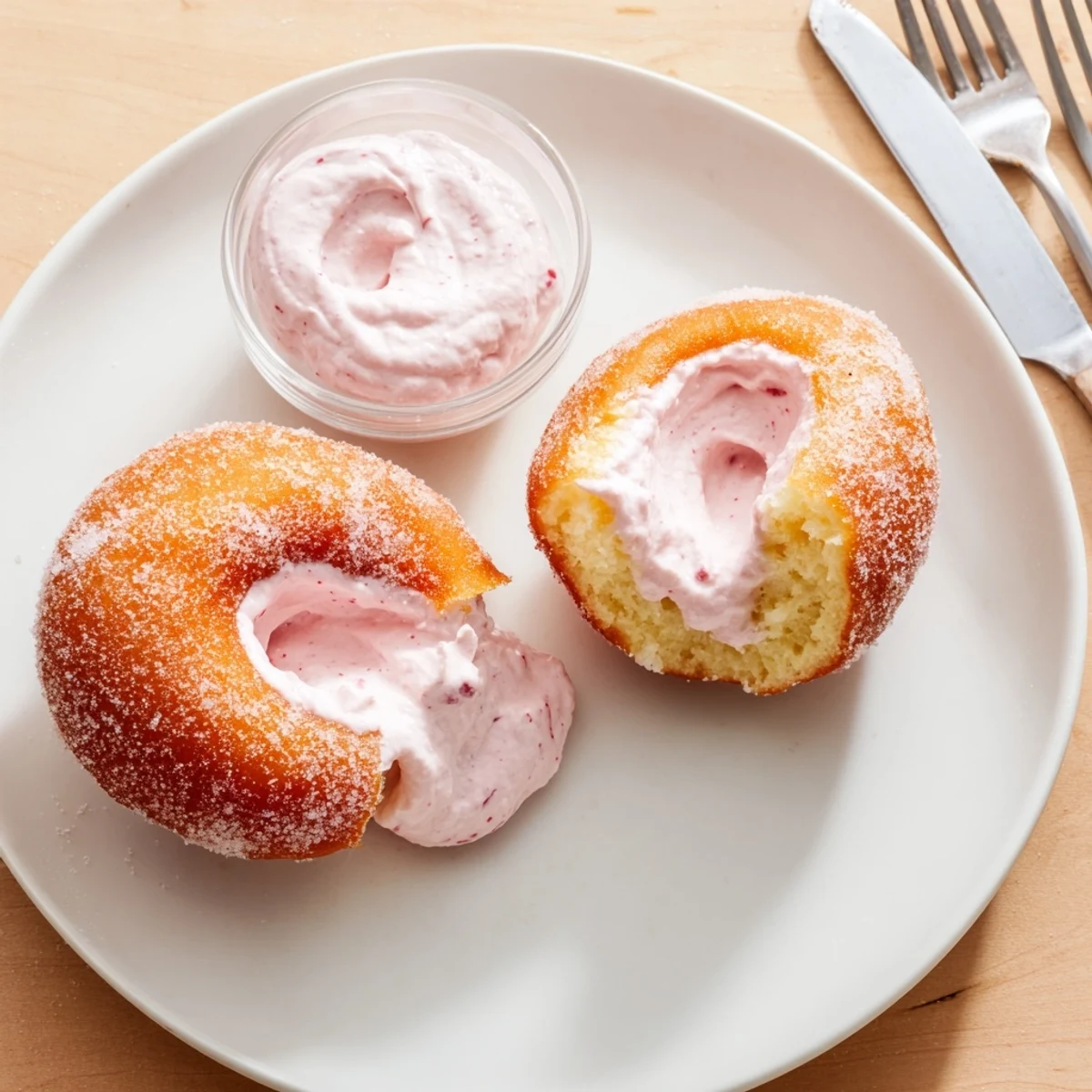 Plate of warm strawberry cream filled doughnuts dusted with sugar, ready for breakfast or dessert